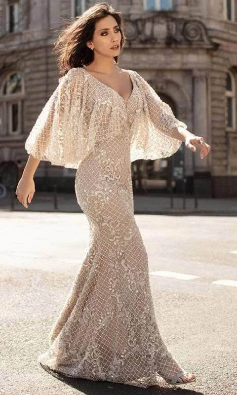 Chic and Holland - HF1611 V-Neck Bell Sleeve Evening Gown Beaded unclassified dresses