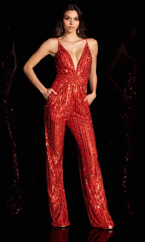 Aleta Couture 972 - Plunging V-Neck Sequin Jumpsuit Graduation unclassified dresses