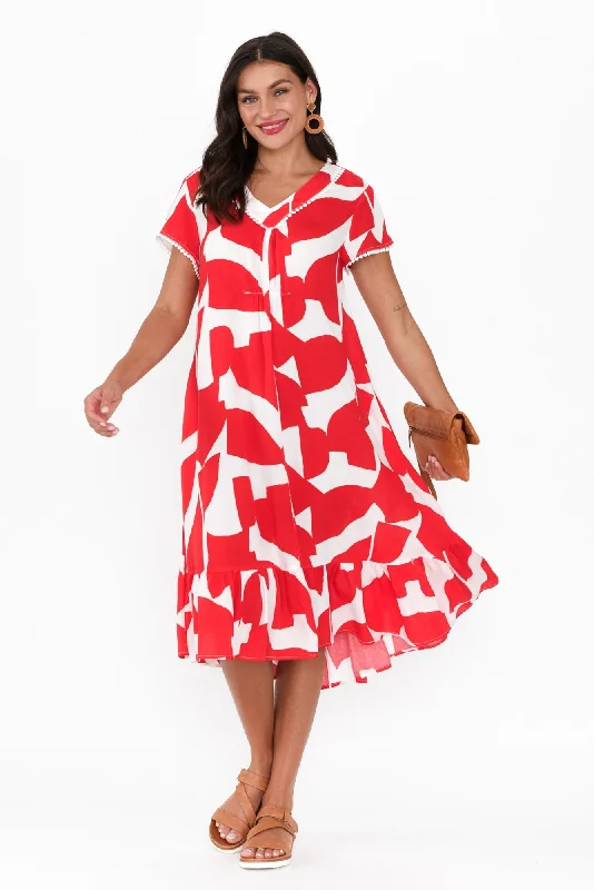 Karlie Red Abstract V Neck Dress Short unclassified dresses