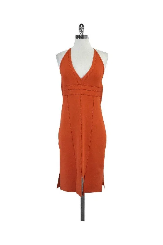 Herve Leger - Orange & Brown Embroidered Halter Dress Sz L Flowy unclassified dresses