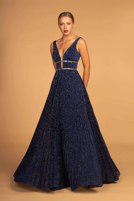 Elizabeth K - GL2501 Plunging Neck A-Line Prom Dress Denim unclassified dresses