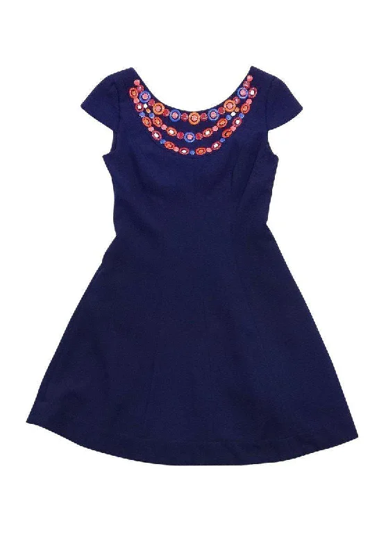 Shoshanna - Navy Embellished Fit & Flare Dress Sz 0 Sequin unclassified dresses
