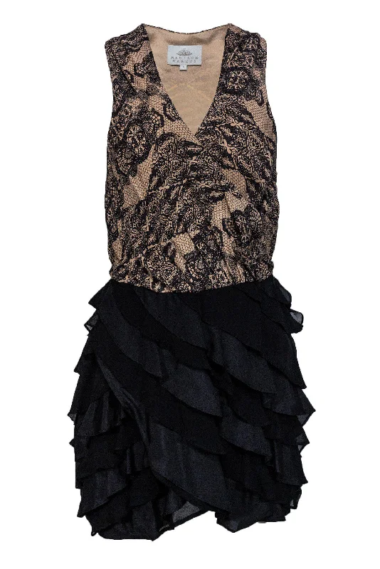 Madison Marcus - Beige & Black Lace Print Dress w/ Ruffle Skirt Sz S Casual chic unclassified dresses