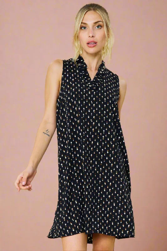 Printed Sleeveless Dress Ruffle Detail - Black Wrap unclassified dresses